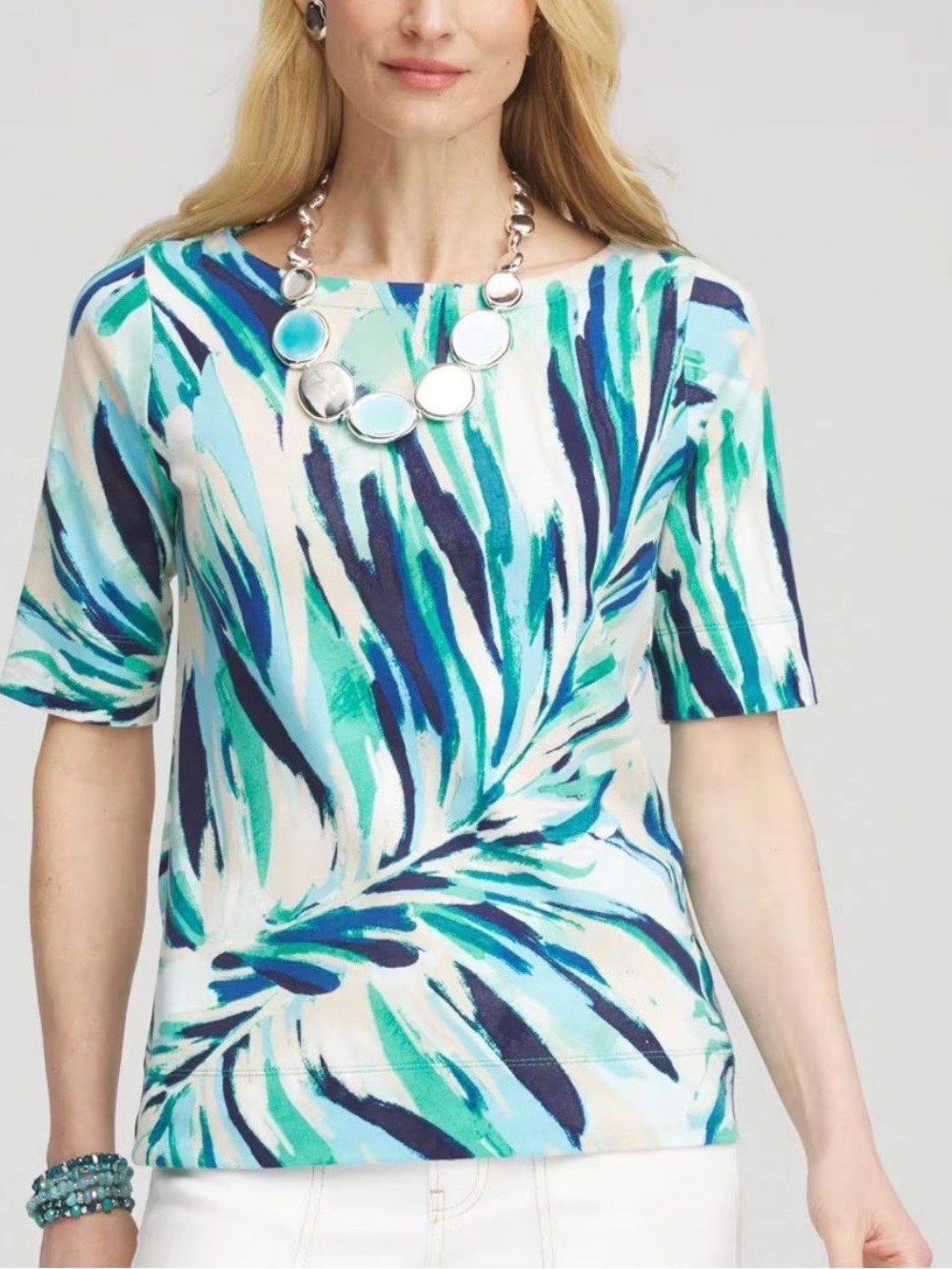 Chicos 100% Pima Cotton Tropical Palm Leaf Top  Blue Green Sz L